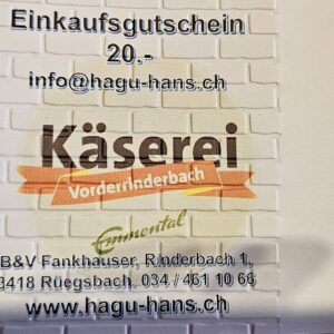 Geschenkgutschein 20.- Käserei Rinderbach – CH