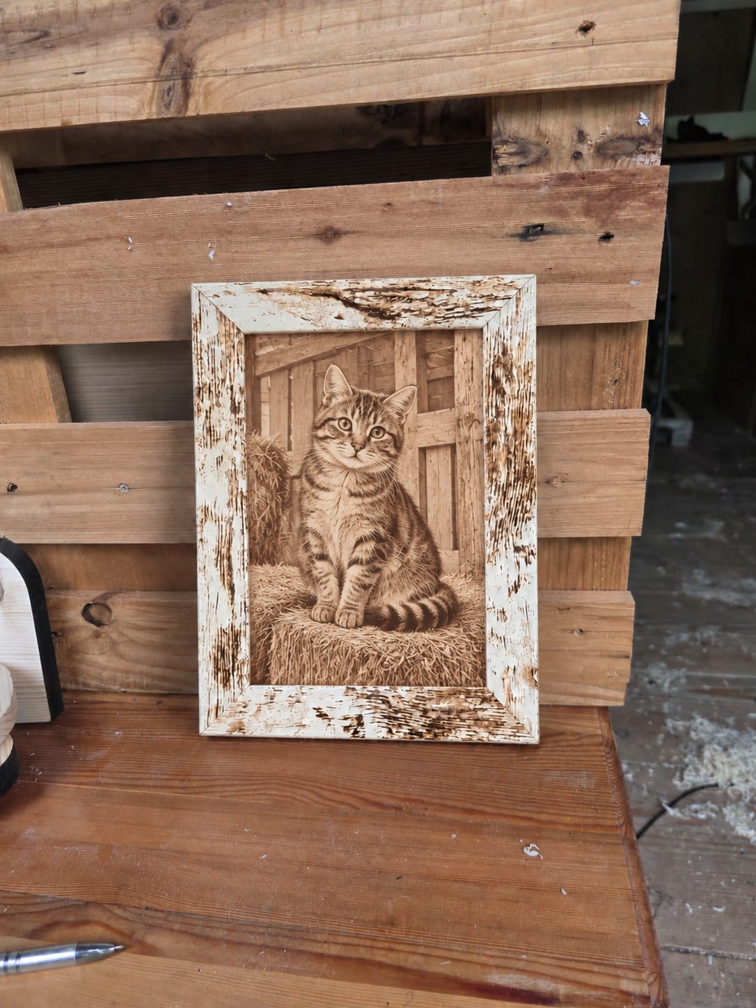 Holzbild «Samtpfote im Heu»