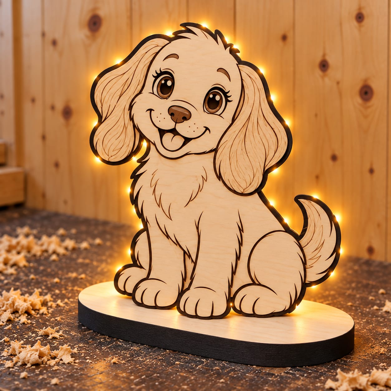 Holzlampe Hundewelpe