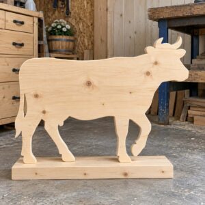 Dekorative Holzkuh auf Sockel